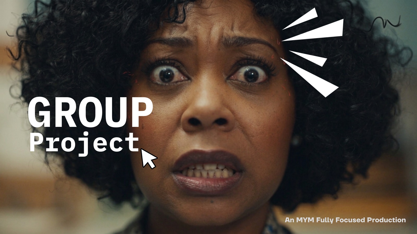 Group Project title slide, a startled reaction shot with comic style graphic lines