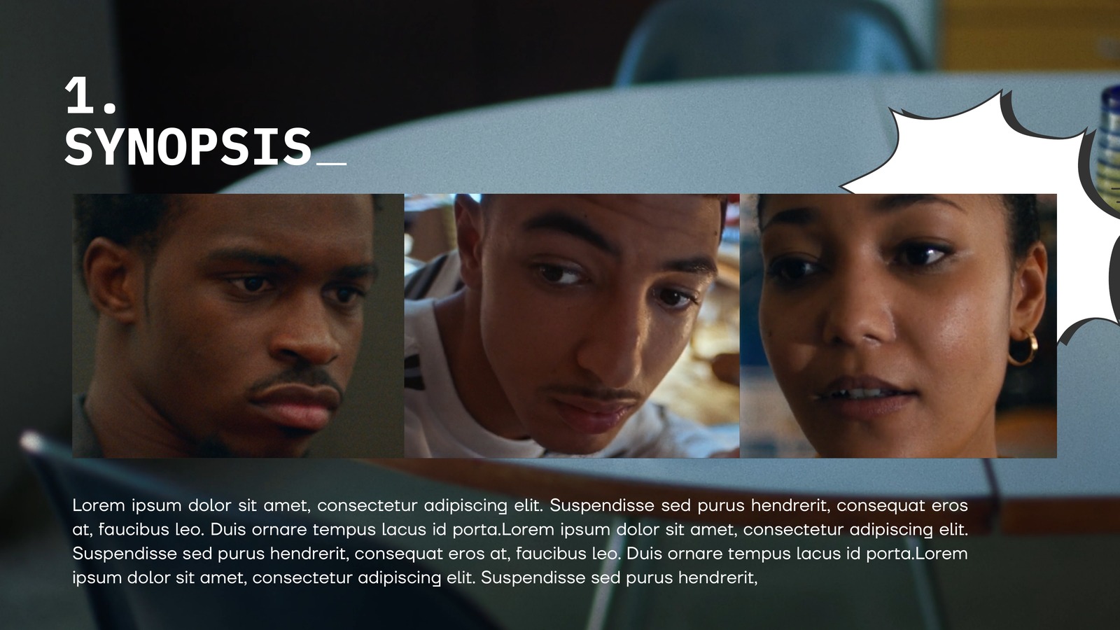 Synopsis slide over three close up portraits of the core cast