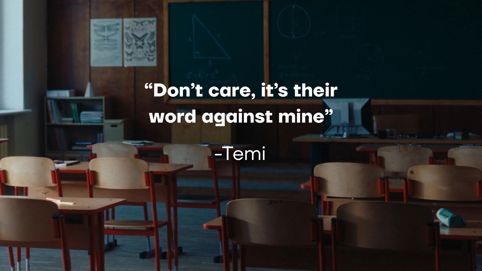 Quote slide attributed to Temi, over an empty classroom