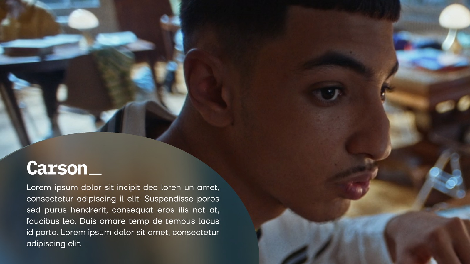 Character introduction slide for Carson, a rounded portrait treatment