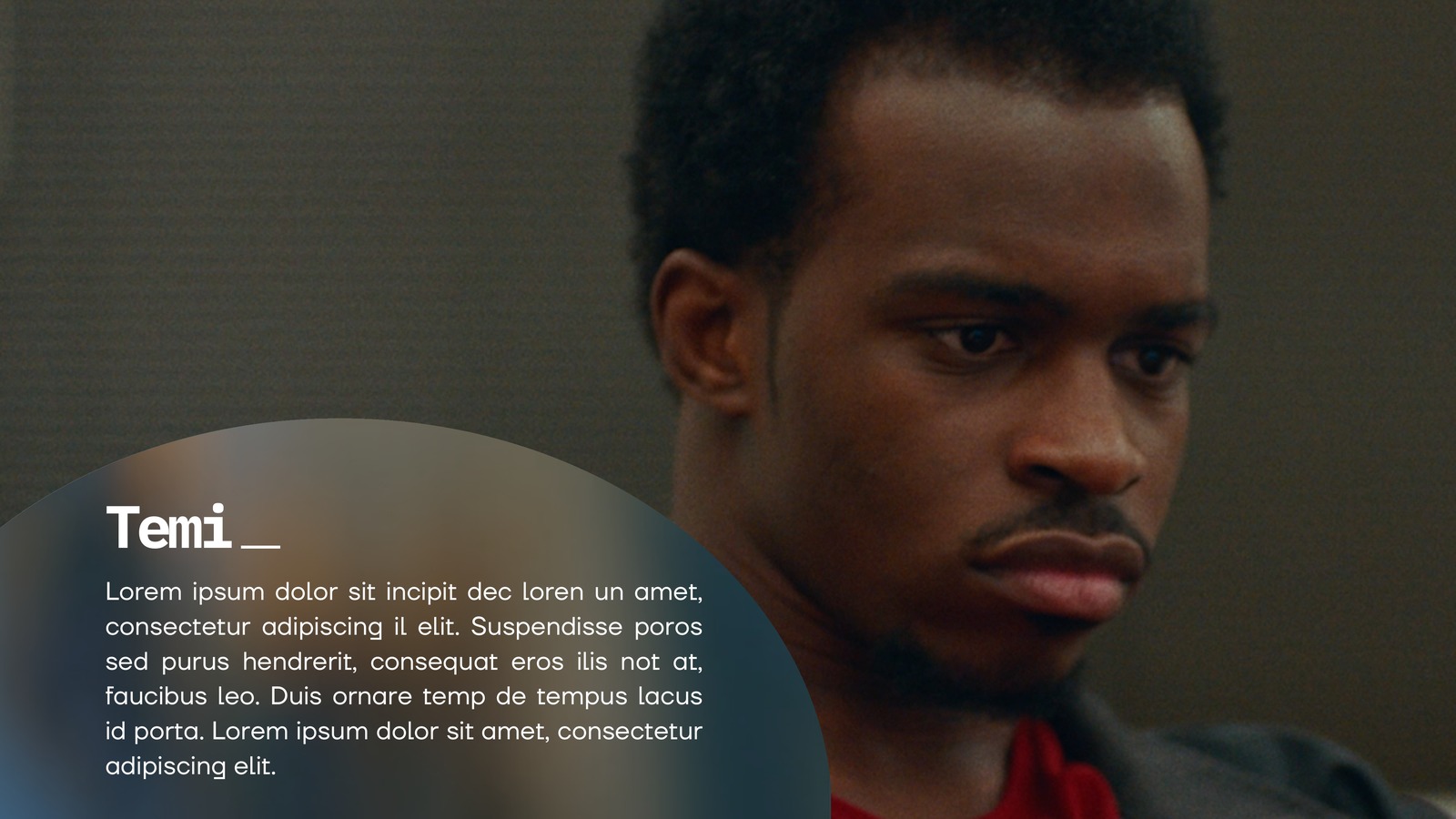 Character introduction slide for Temi, a rounded portrait treatment