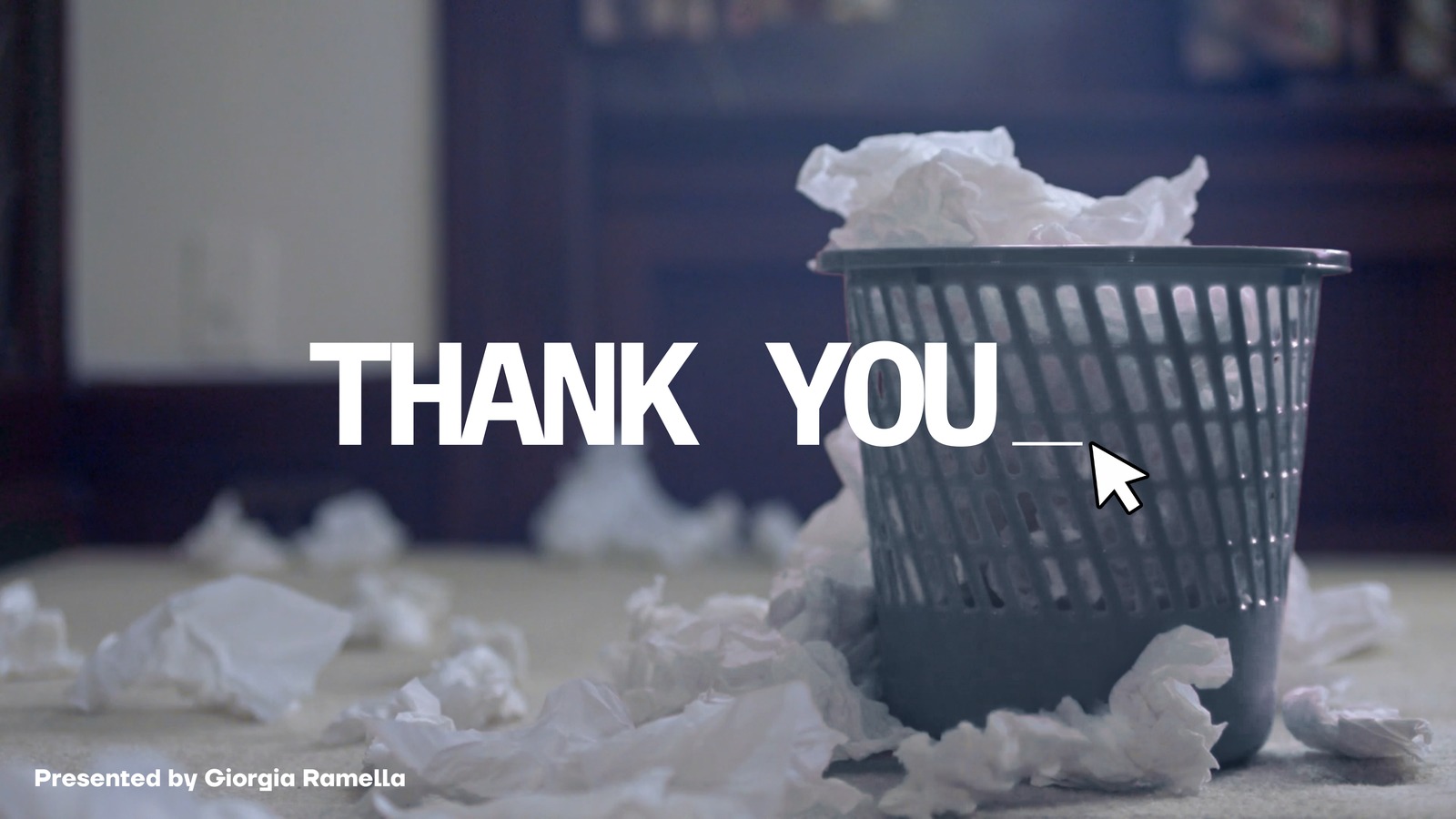 Closing thank you slide with a waste bin overflowing with crumpled paper