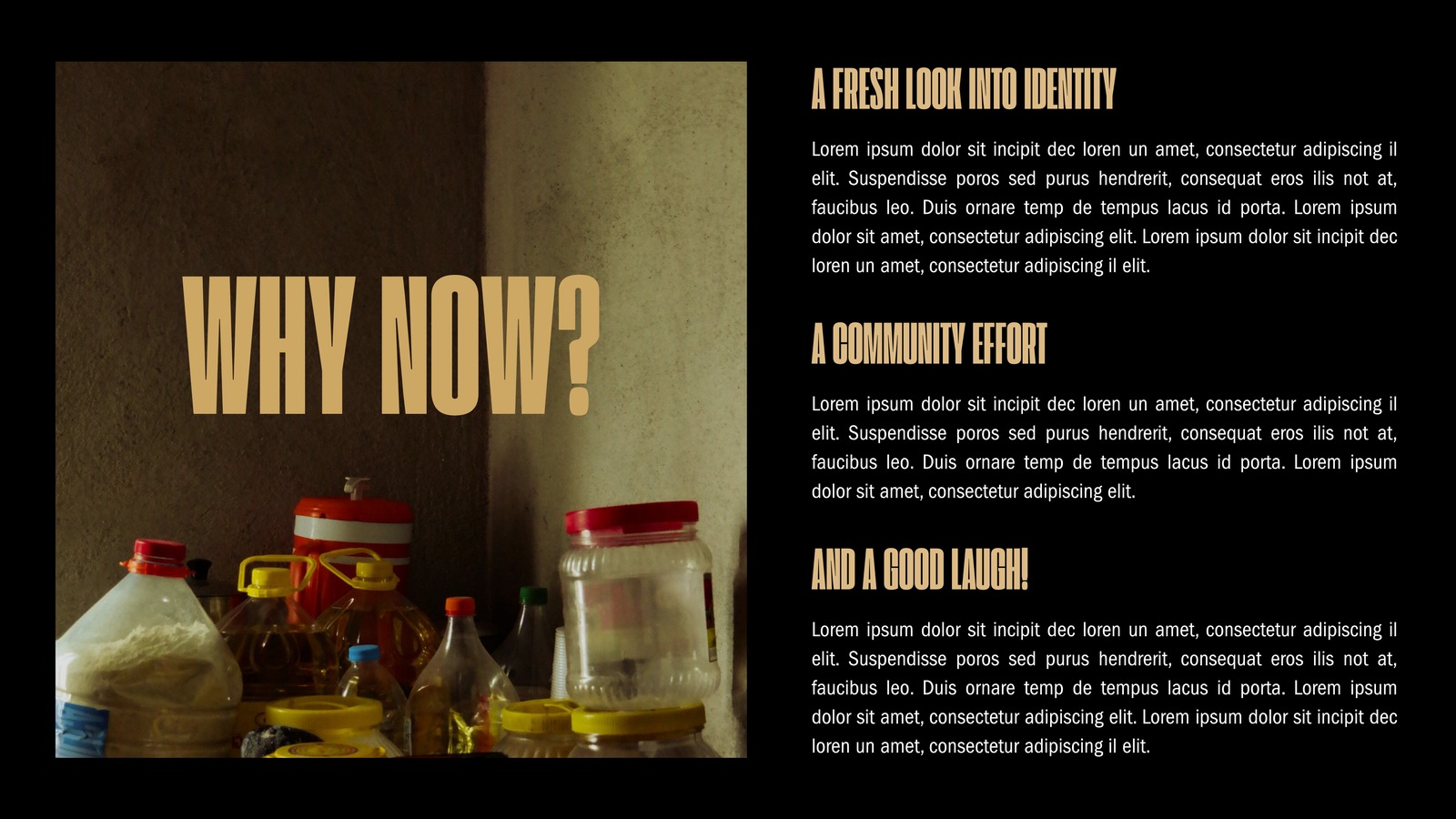Why Now slide setting out the project's relevance, over a still life of everyday household objects
