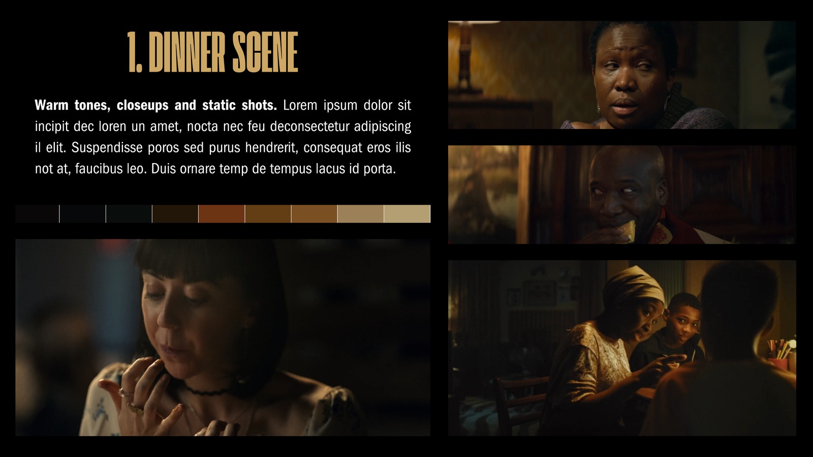 Dinner scene visual reference slide with a warm colour palette and photographic grid