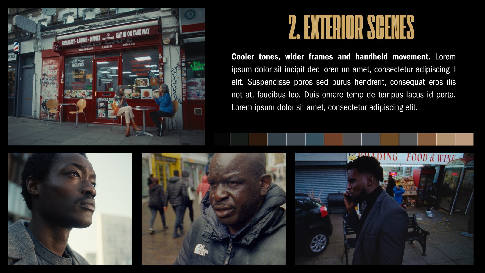 Exterior scenes visual reference slide with cooler tones and a street level photographic grid