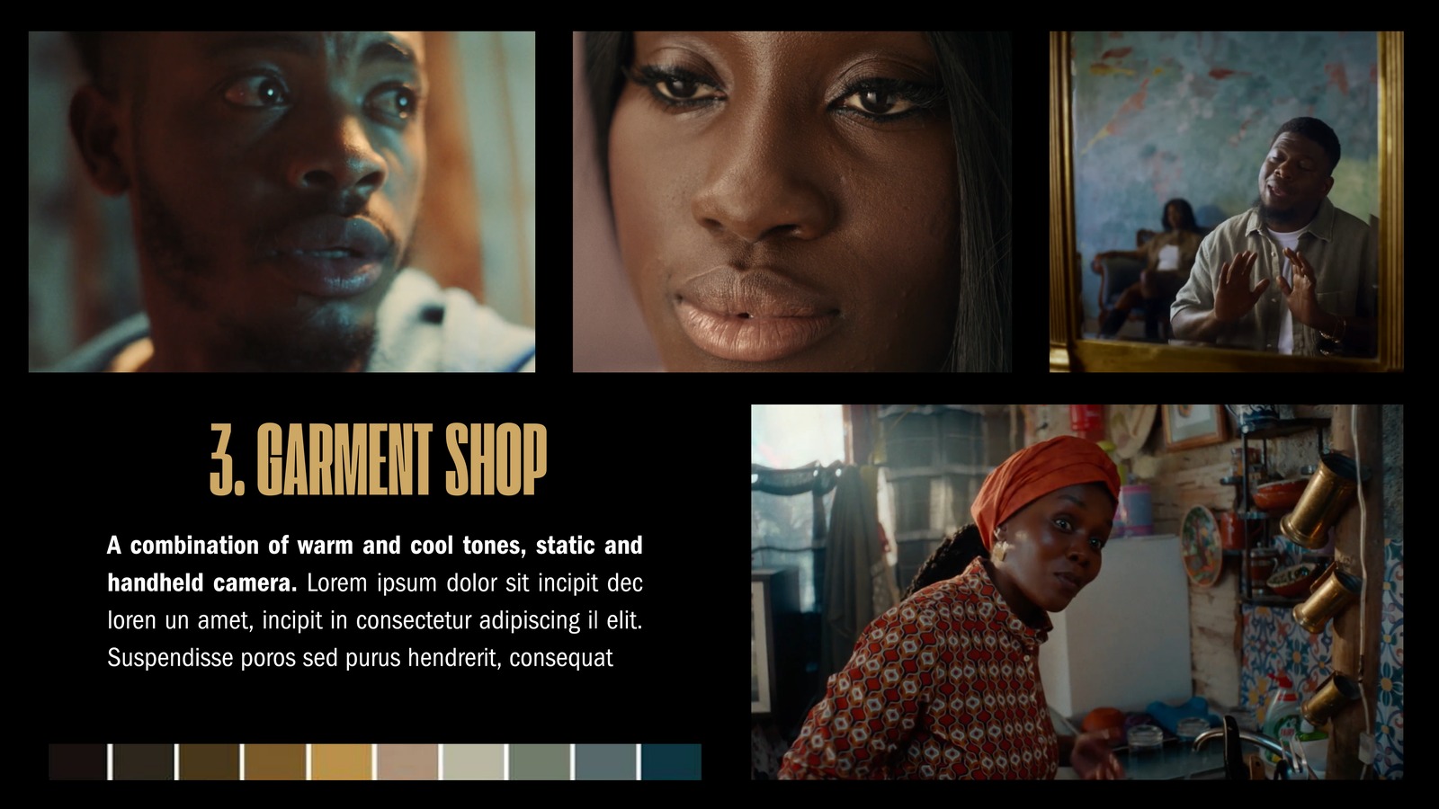 Garment shop visual reference slide with close up portraits and a mixed colour palette