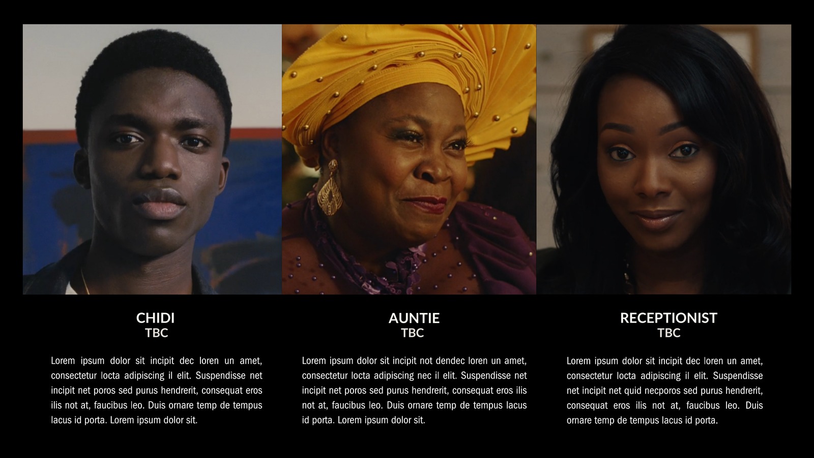 Characters slide introducing three supporting roles with portrait photography