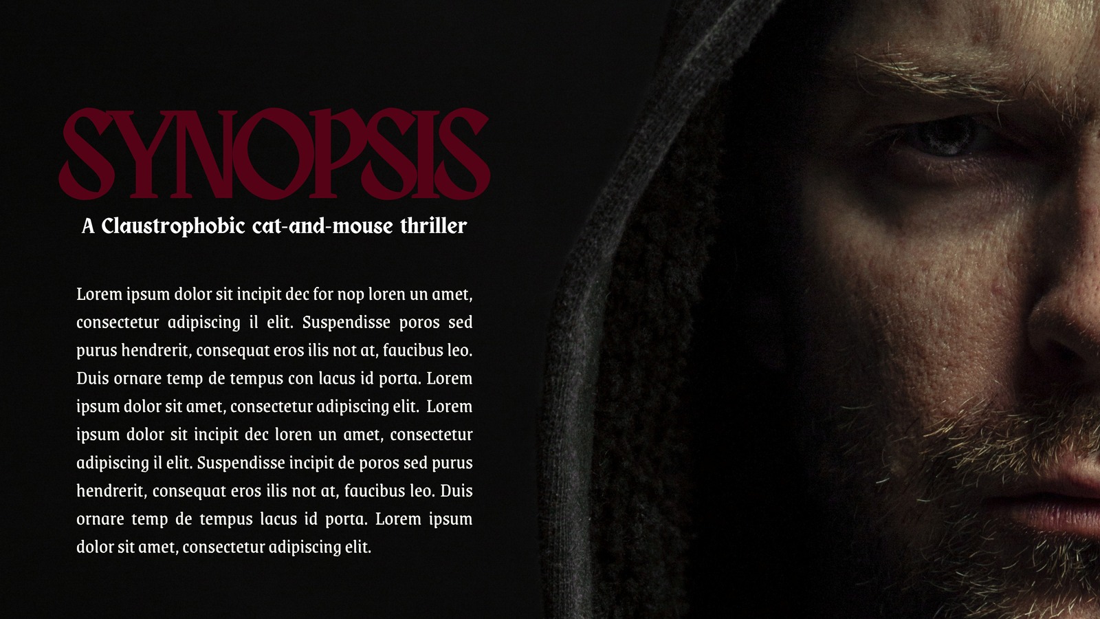 Synopsis slide, a claustrophobic cat and mouse thriller, over a close up of a hooded figure
