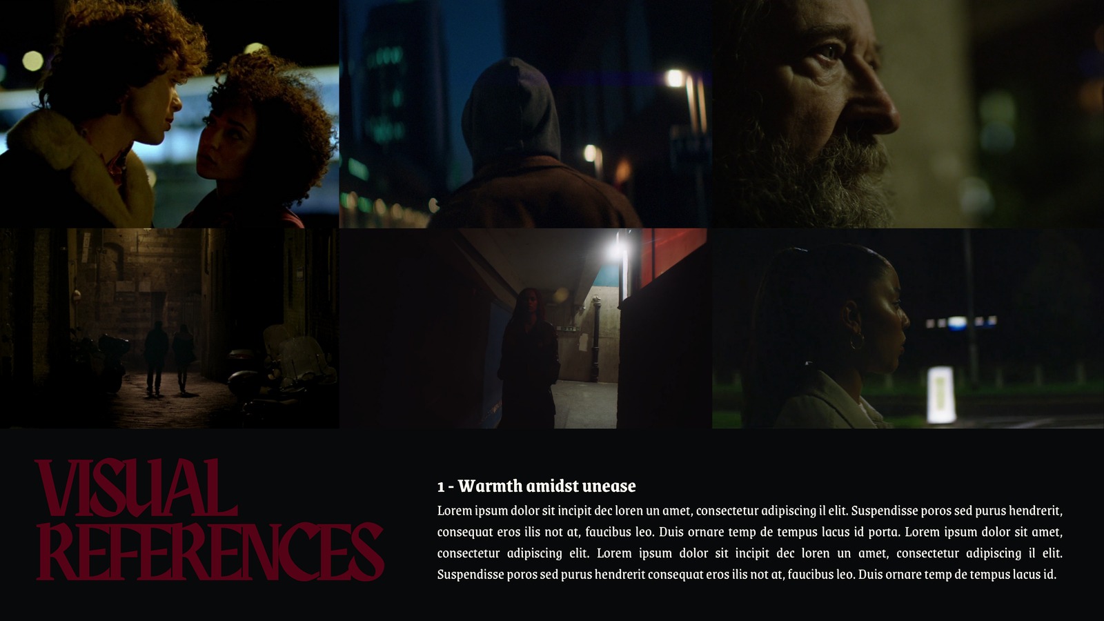 Visual references slide, warmth amidst unease, six image photographic grid