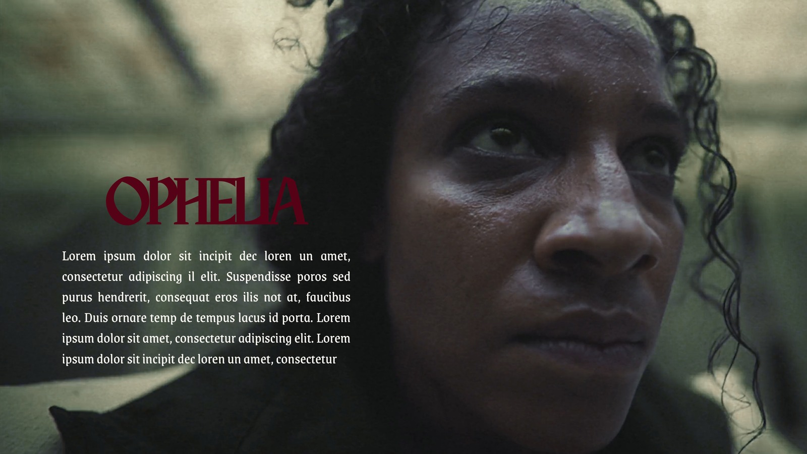 Character introduction slide for Ophelia, a close up portrait