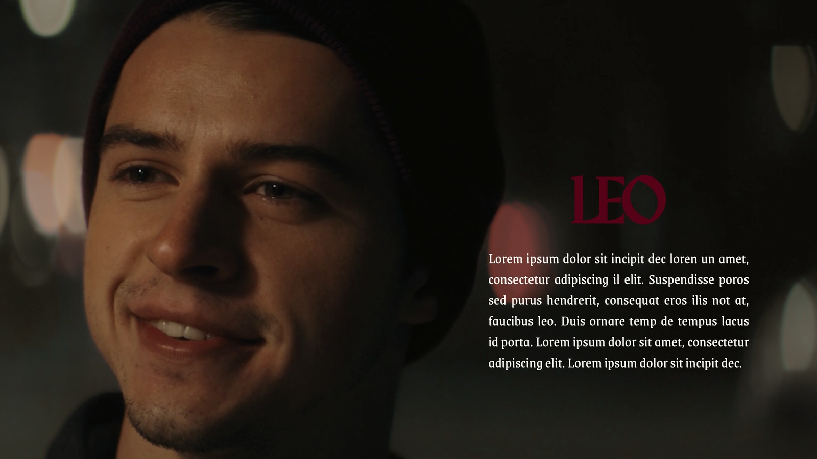 Character introduction slide for Leo, a close up portrait
