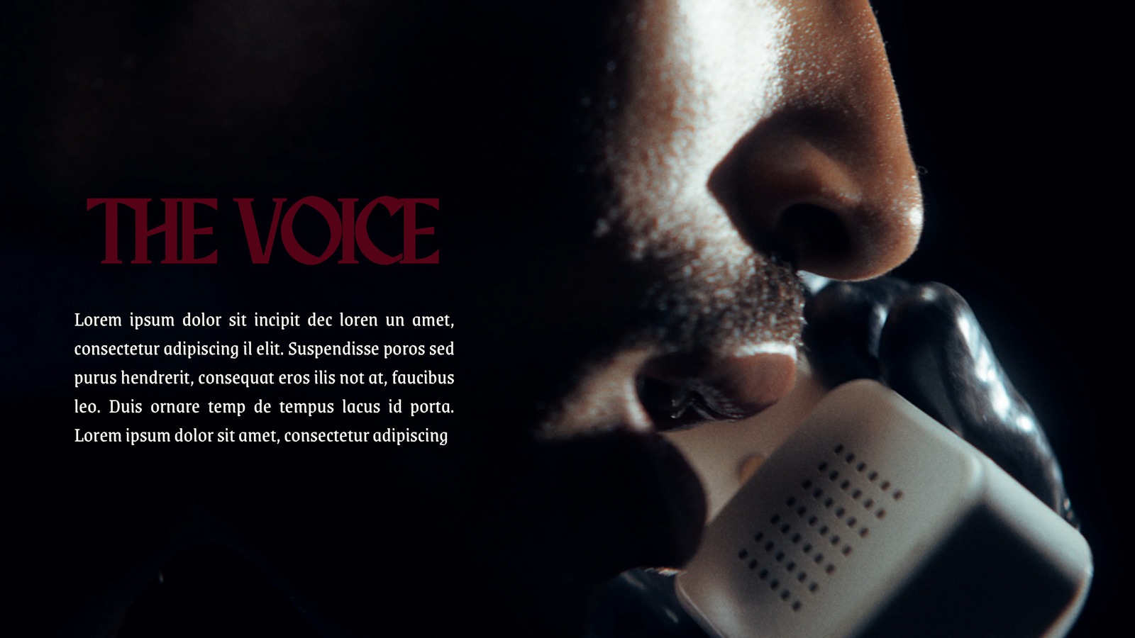 Character introduction slide for The Voice, a close up of a hand held radio