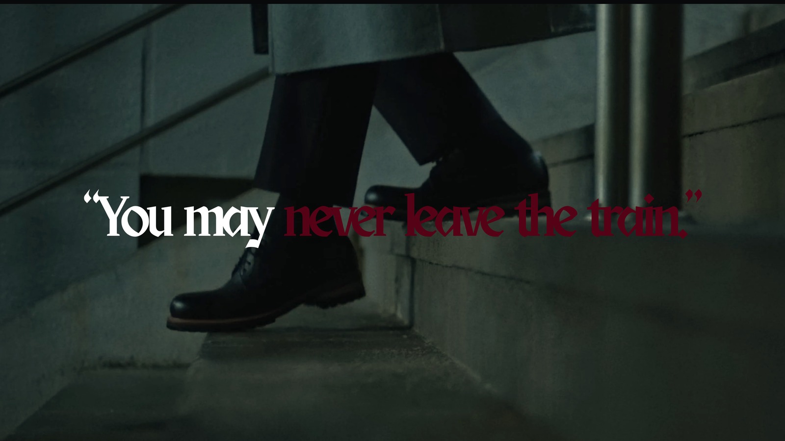 Closing quote slide, you may never leave the train, over a close up of feet on station steps
